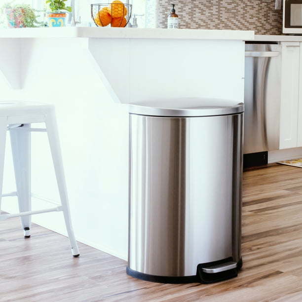 A 50L/13Gal Heavy Duty Hands-Free Stainless Steel Commercial/Kitchen Step Trash Can with impeccable design and craftsmanship, showcased on a clean white background.