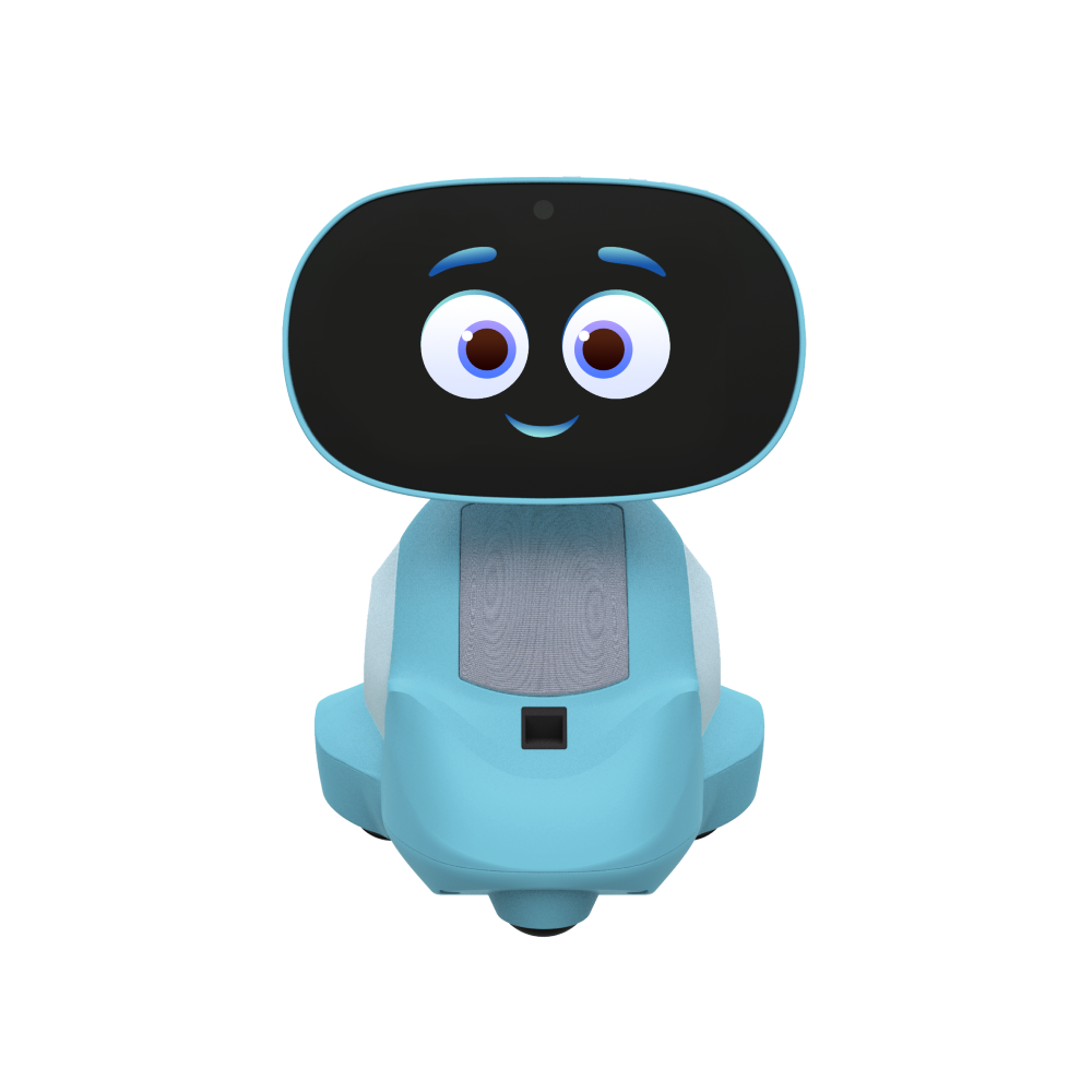 Illustration of a cute, cartoon-style Miko 3 AI-powered smart robot with large eyes and a friendly expression.