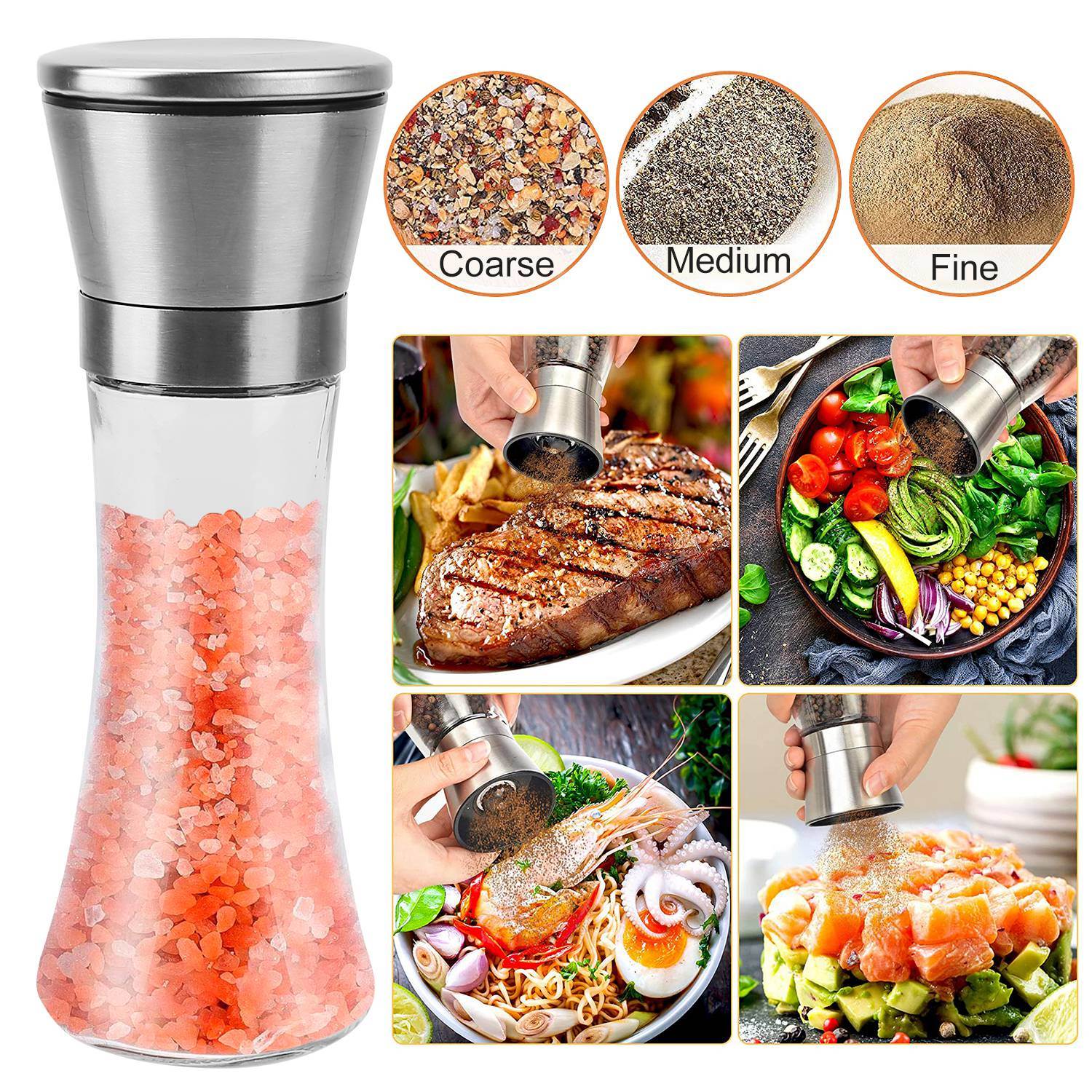 A picture of a Stainless Steel Salt Pepper Grinder Tall Glass Sea Salt & Pepper Mill Shaker with Adjustable Coarseness for spices.