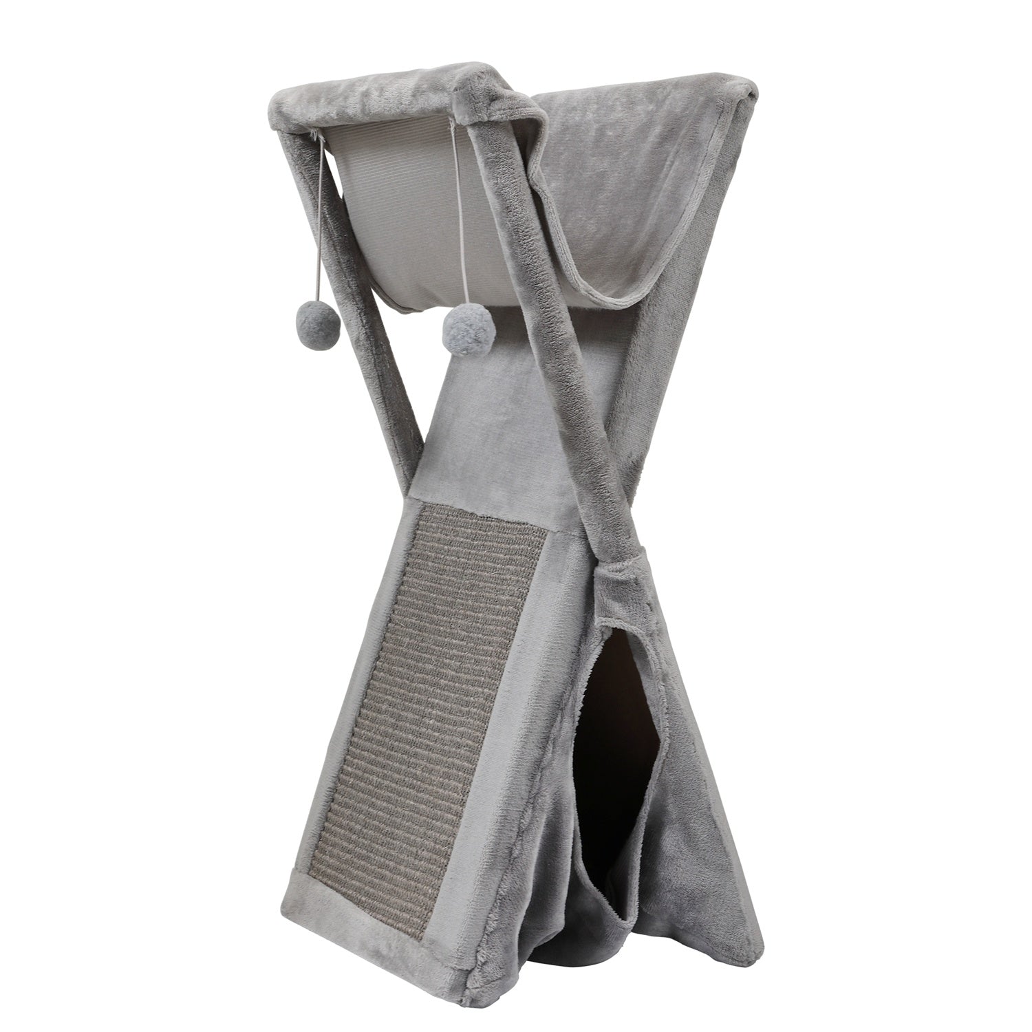 A cat is standing next to a Folding Cat Tower Tree, 2-Tier Pet House with Scratching Pad, Cat Nest Hammock for Small to Middle Kitten - Gray XH.