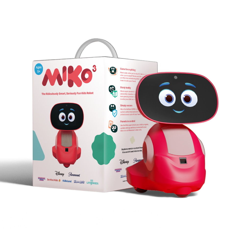 A cartoon-style, smiling Miko 3: AI-Powered Smart Robot for Kids with large blue eyes and a rounded screen for a face.