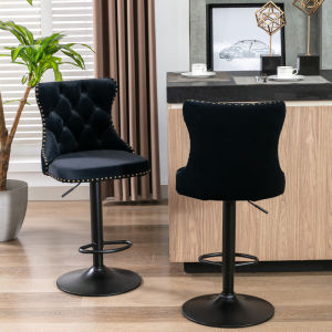 Two Swivel Velvet Barstools with Adjustable Seat Height from 25-33 Inch, Modern Upholstered Bar Stools with Backs Comfortable Tufted for Home Pub and Kitchen Island in black color.