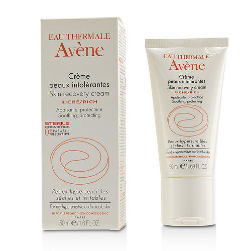 A box and tube of Avene by Avene Skin Recovery Rich Cream for dry, hypersensitive skin, highlighting its soothing and protective qualities.