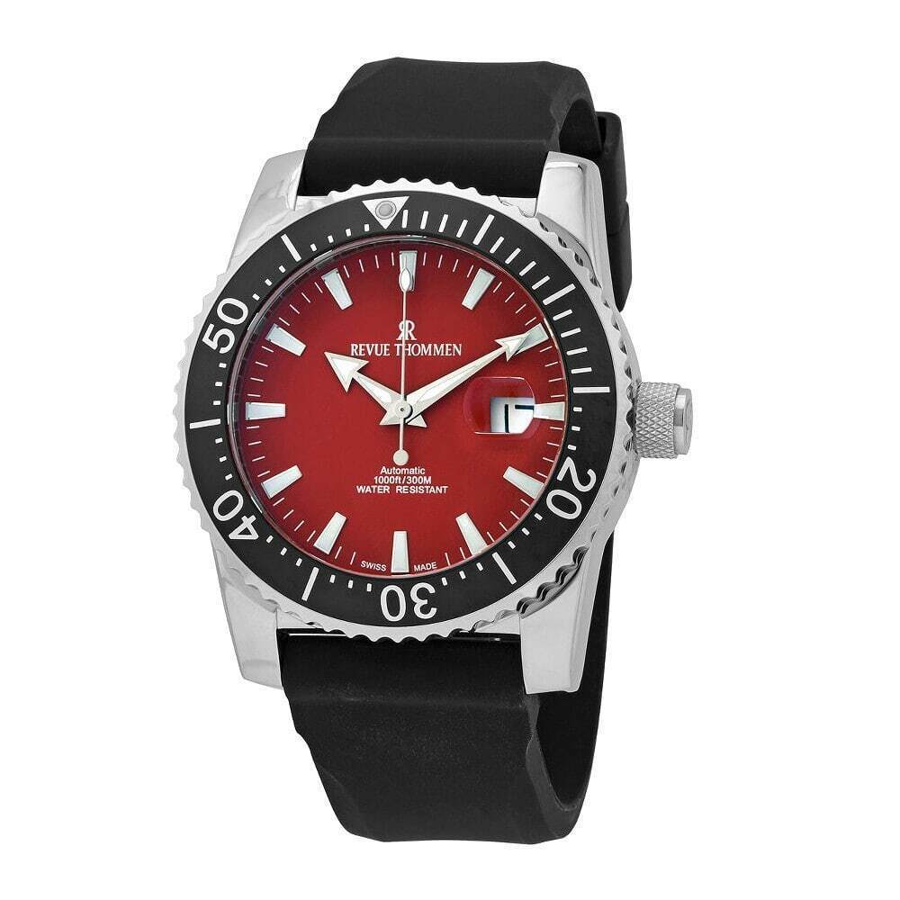 A Revue Thommen 17030.2536 Diver Red Dial Men's Black Rubber Automatic Watch with a Swiss made automatic movement, set against a white background.