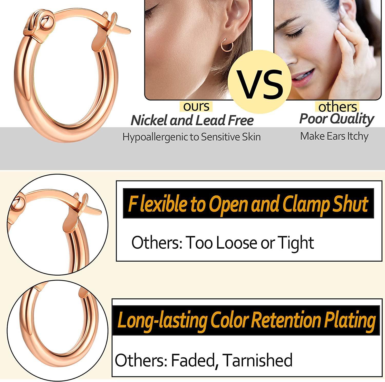 Four pairs of Stainless Small Hoop Earrings Clasp Gold Plated Hoop Rounded Earrings, ideal for sensitive skin, displayed in varying sizes in a vertical arrangement on a white background.
