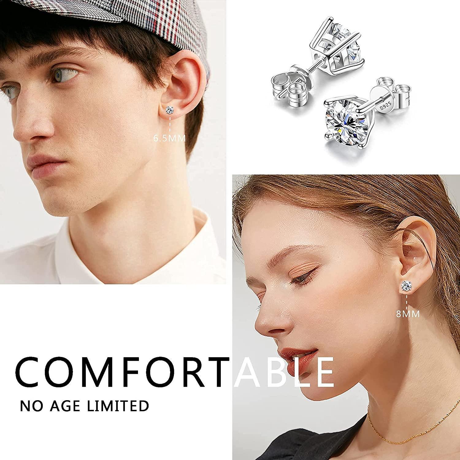 Close-up image of the Sterling Silver Cubic Zirconia Stud Earrings for Women Men, which feature round-cut, sparkling cubic zirconia gemstones set in 14k white gold plated metal with S925 engraved on the post, indicating hypoallergenic sterling silver.