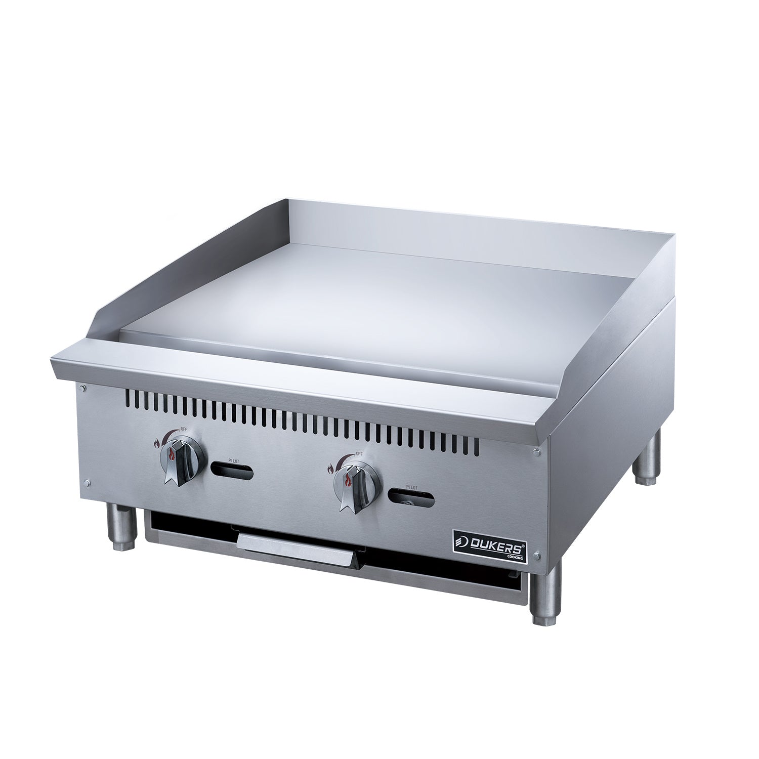 2-Burner Commercial Stainless Steel Griddle with 4 legs, isolated on a white background.