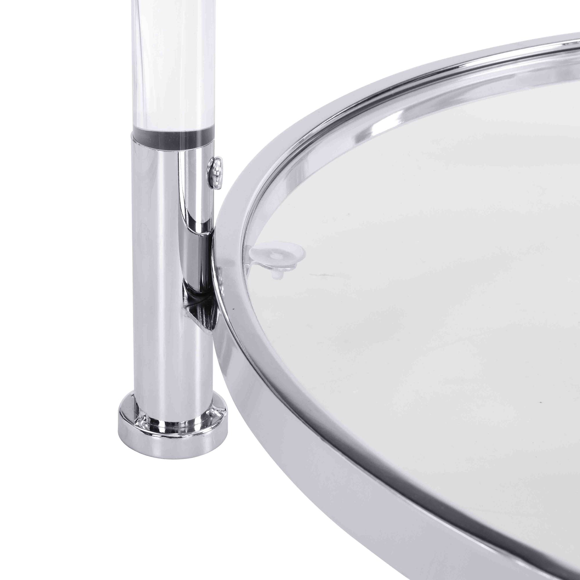 A W82153571 Contemporary Acrylic End Table with chrome legs and a tempered glass top, featuring a lamp on top.