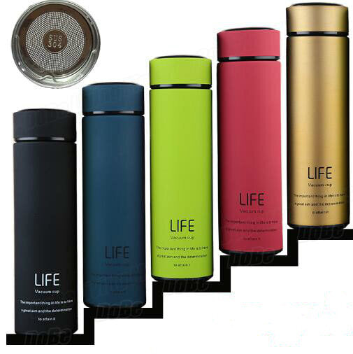 Five Thermo Cup Double Wall Stainless Steel Vacuum Flasks 500ml in various colors lined up, each with descriptive text and branding.