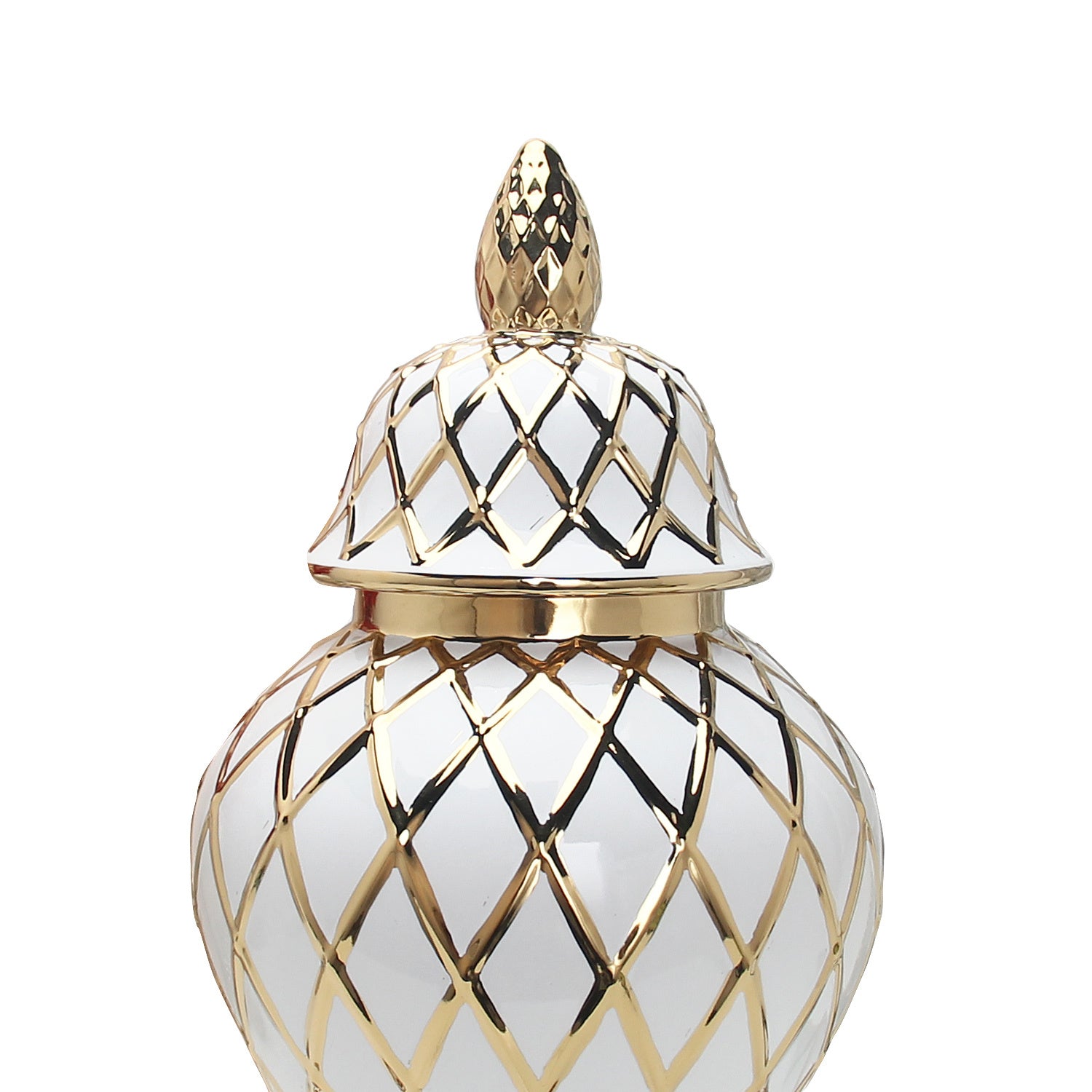 A White and Gold Ceramic Decorative Ginger Jar Vase with gold embellishments, displayed on a white background.