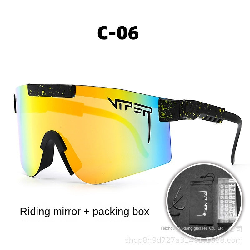 A pair of Pits Viper Riding Glasses Outdoor Sports Sunglasses for men, featuring "VIPER" branding on the lens and frame, with a red and white pattern on the arms. Designed for outdoor sports, they offer UV400 protection and come labeled "C-21," including a riding mirror and packing box.