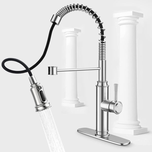 A Kitchen Faucet - Spring Kitchen Sink Faucet with 3 Modes Pull Down Sprayer; Single Handle&Deck Plate for 1or3 Holes; 360° Rotation; Spot Resist Stainless Steel No Lead for RV Bar Home with a sprayer and deck mount feature.