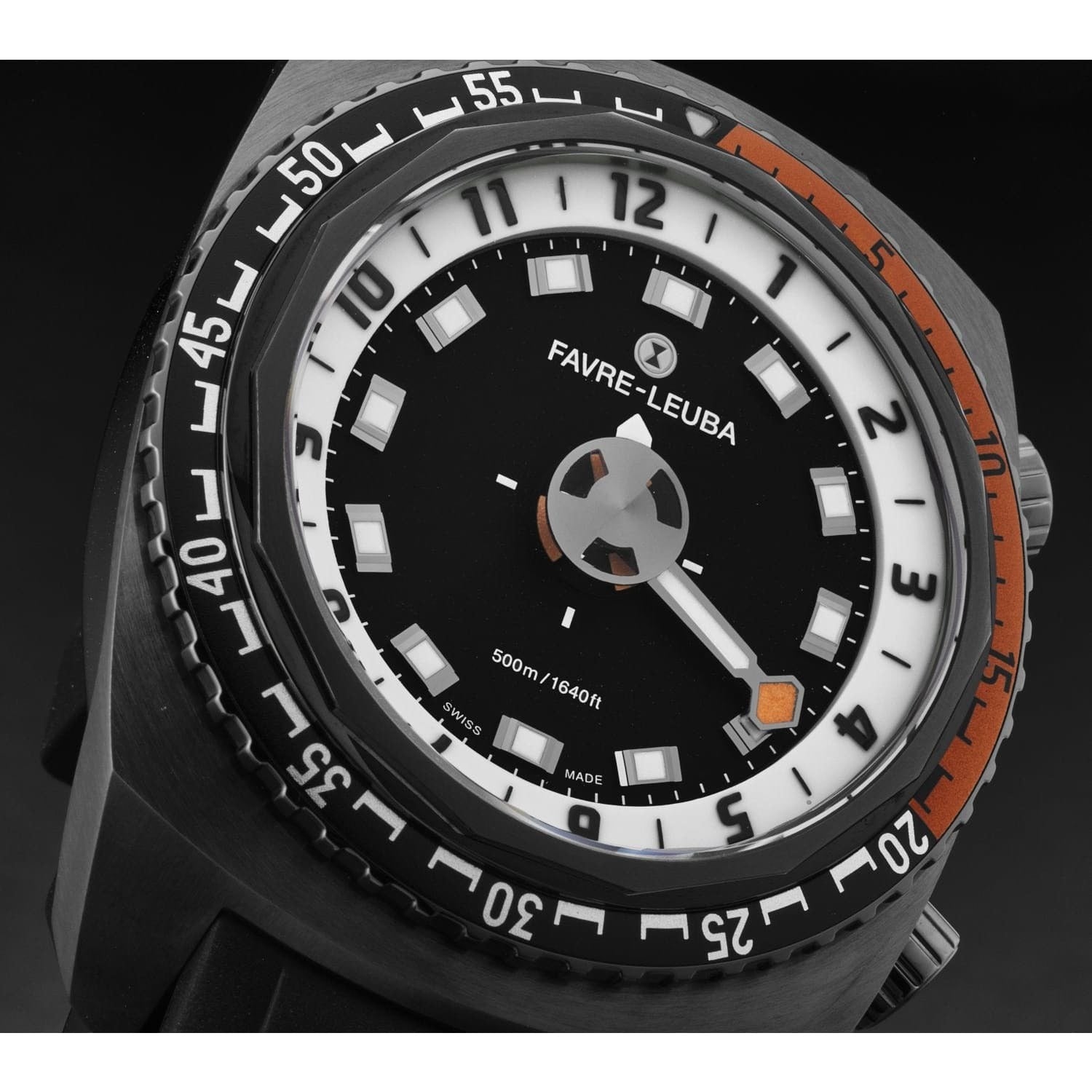 A Favre-Leuba Men's 00.10101.09.13.31 'Raider Harpoon' Black White Dial Black Rubber Strap automatic watch, with a black and orange design, showcased against a white background.