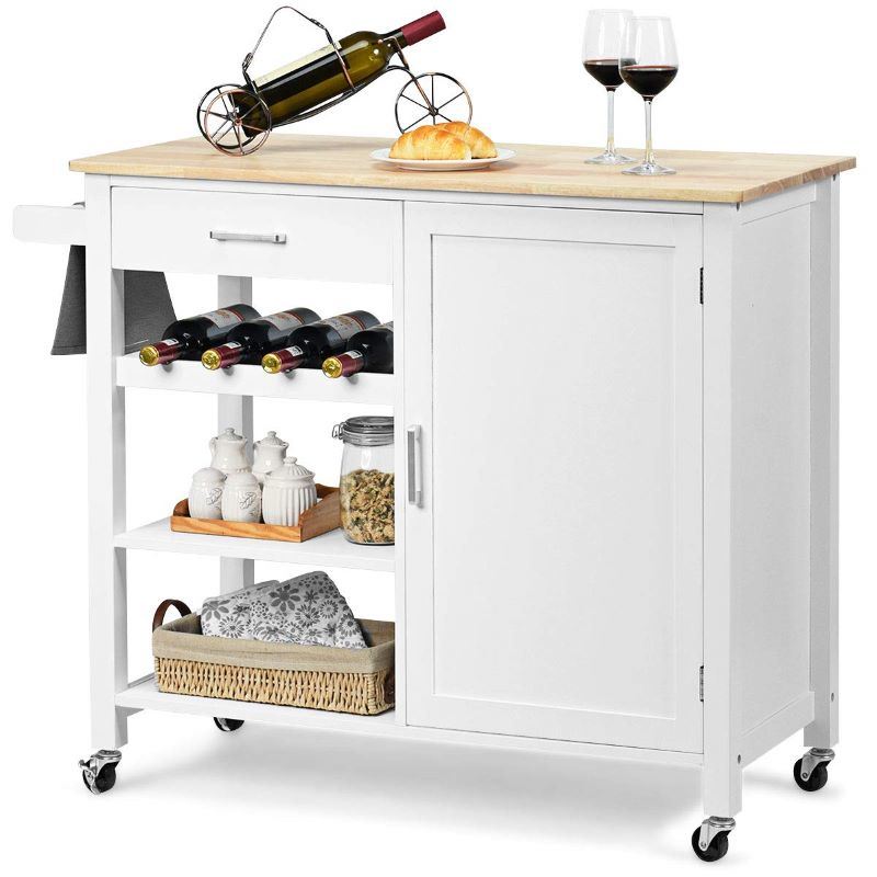 A waterproof Rolling Storage Cabinet Kitchen Cart For Home And Bar Commercial Usage with spacious shelves and bread on it.