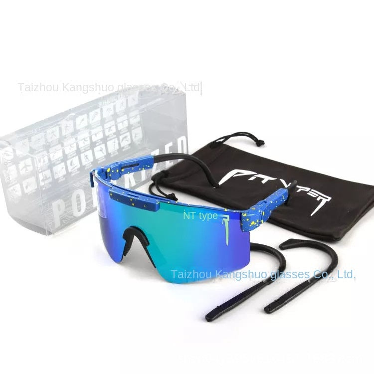 A pair of Pits Viper Riding Glasses Outdoor Sports Sunglasses for men, featuring "VIPER" branding on the lens and frame, with a red and white pattern on the arms. Designed for outdoor sports, they offer UV400 protection and come labeled "C-21," including a riding mirror and packing box.