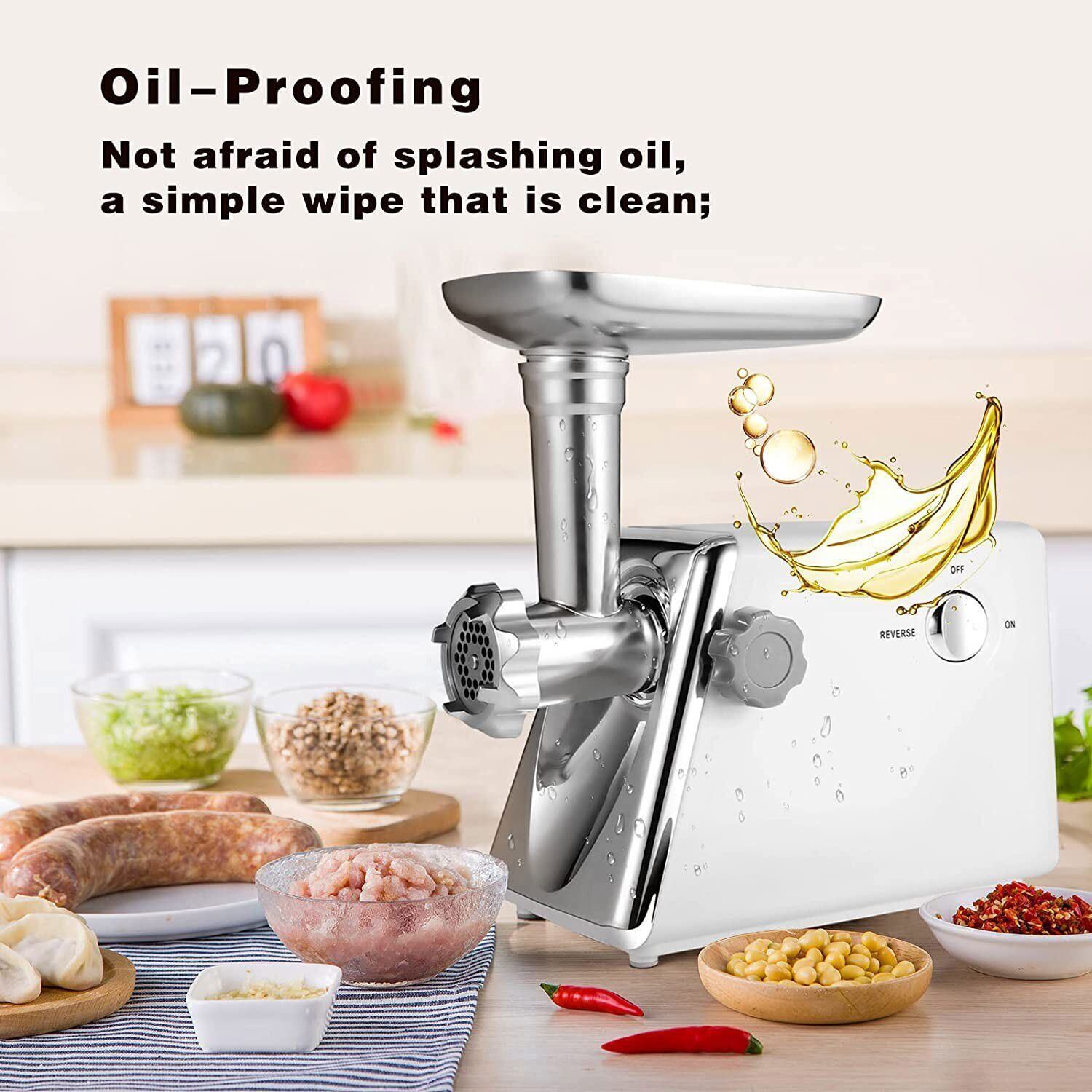 A person is using the Simple Deluxe Electric Meat Grinder; Heavy Duty Meat Mincer; Food Grinder with Sausage &amp; Kubbe Kit; 3 Grinder Plates; 600W Power; Easy to Clean and Install; Suitable for Home Kitchen; White to mince meat.