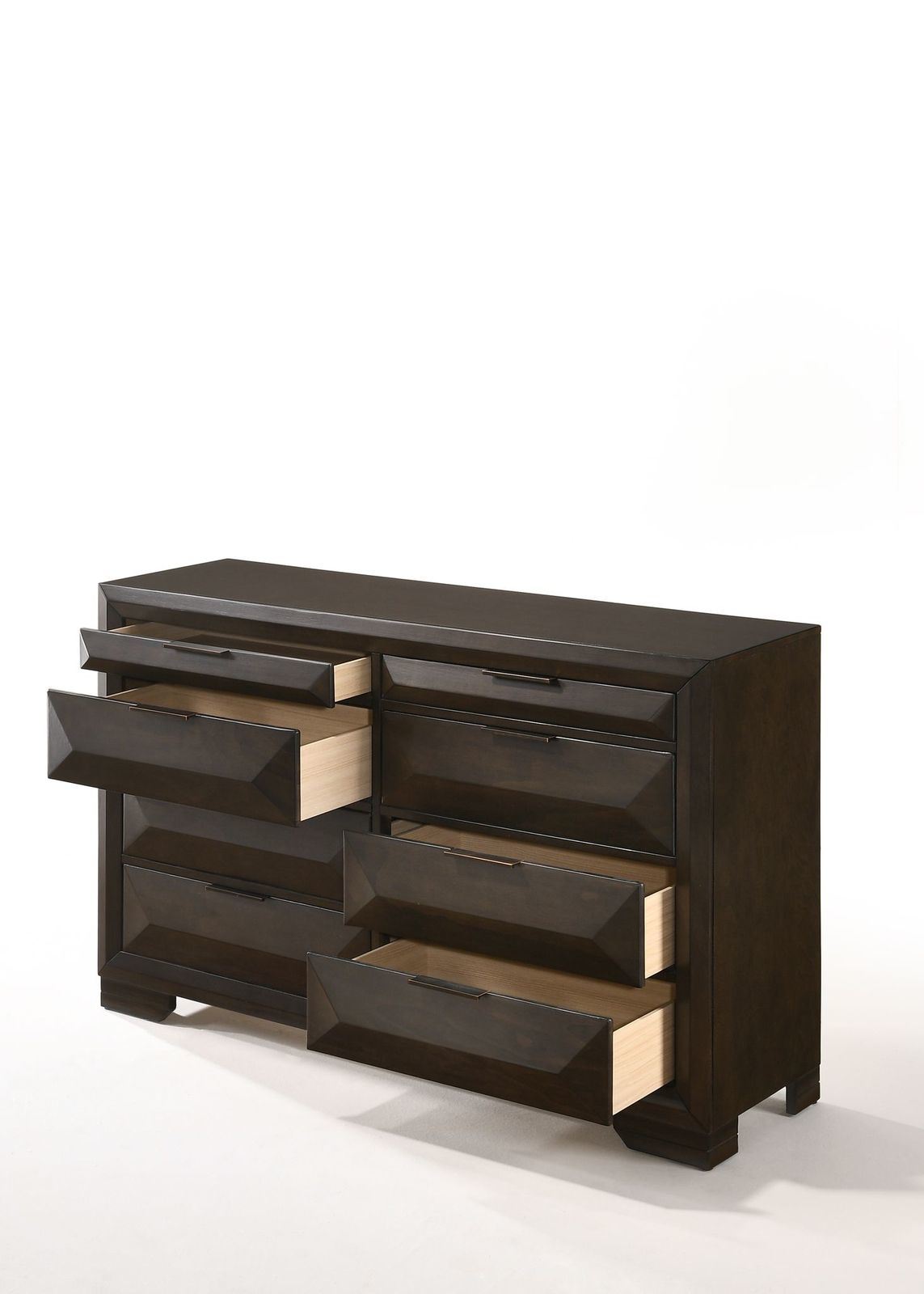 A Merveille Dresser in Espresso YJ with drawers and mirror.