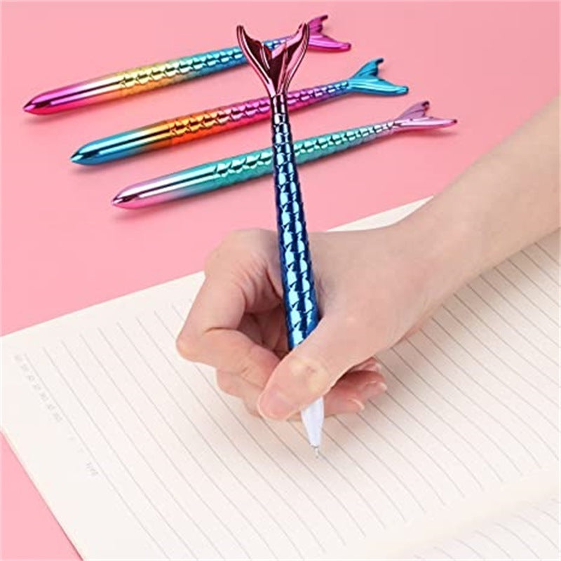 Five colorful 5 Pcs Mermaid Design Ballpoint Pens arranged in a row on a white background.