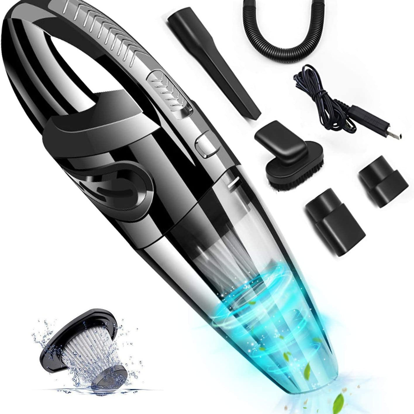 A Cordless Rechargeable Lightweight Portable Mini Hand Vac With Powerful Cyclonic Suction For Wet Dry Car Pet Hair Home Use with various attachments displayed, showcasing its versatility and wet-dry cleaning capability.