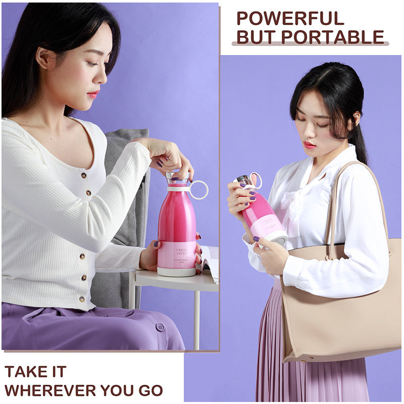Handheld Portable Juicer Wireless Charging Electric Blender Fruit Mixers Juicer Food Milkshake Multifunction Juice Maker Machine with dimensions labeled, featuring a built-in blade and a white base, accompanied by a power cord.