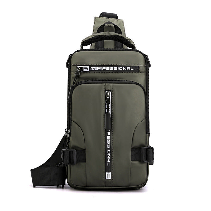 Versatile waterproof Crossbody Bags Men Multifunctional Backpack Shoulder Chest Bags displayed in various wearing styles, with icons indicating crossbody, shoulder, and chest options, alongside a charging phone feature.