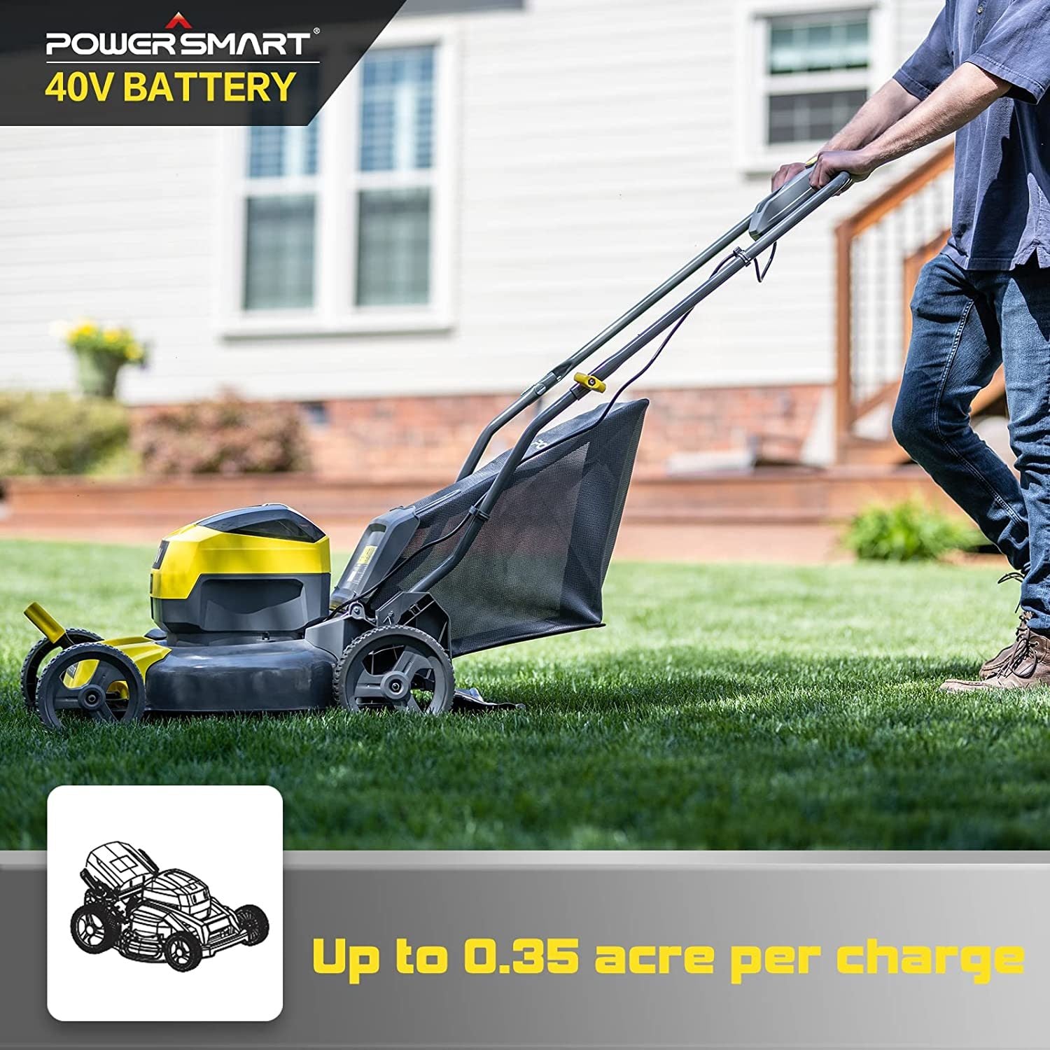 A Cordless Electric Lawn Mower F4017 Yellow with a yellow and black design, featuring a lithium battery and a detached charger.