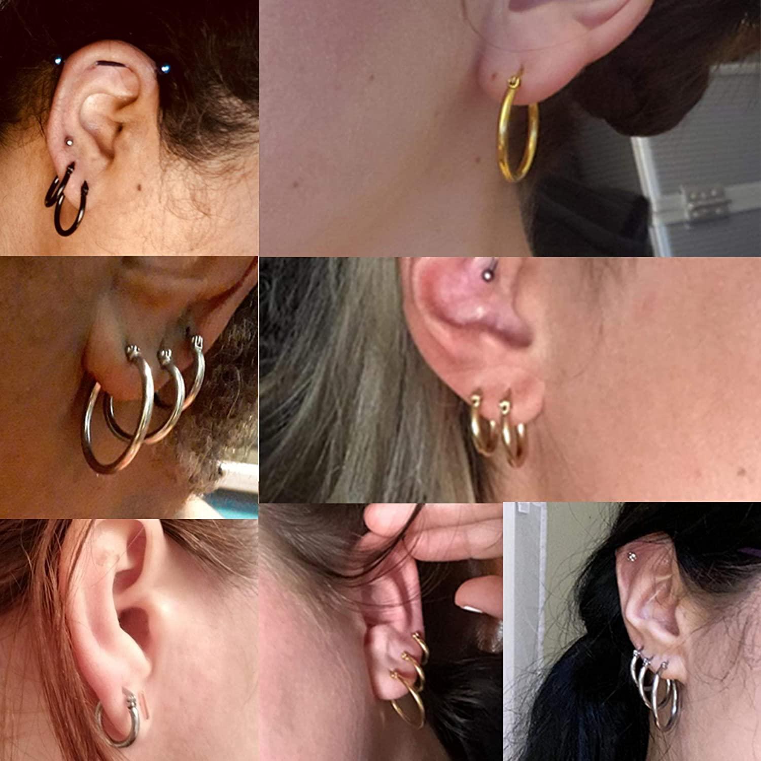 Presenting the Stainless Hoop Earrings Set for Women and Men, featuring 16 gold-plated silver-tone rounded earrings beautifully arranged in four rows. This versatile collection includes small cute huggie hoops to larger hoop earrings, making it an ideal gift for those who love to accessorize with elegance and style.