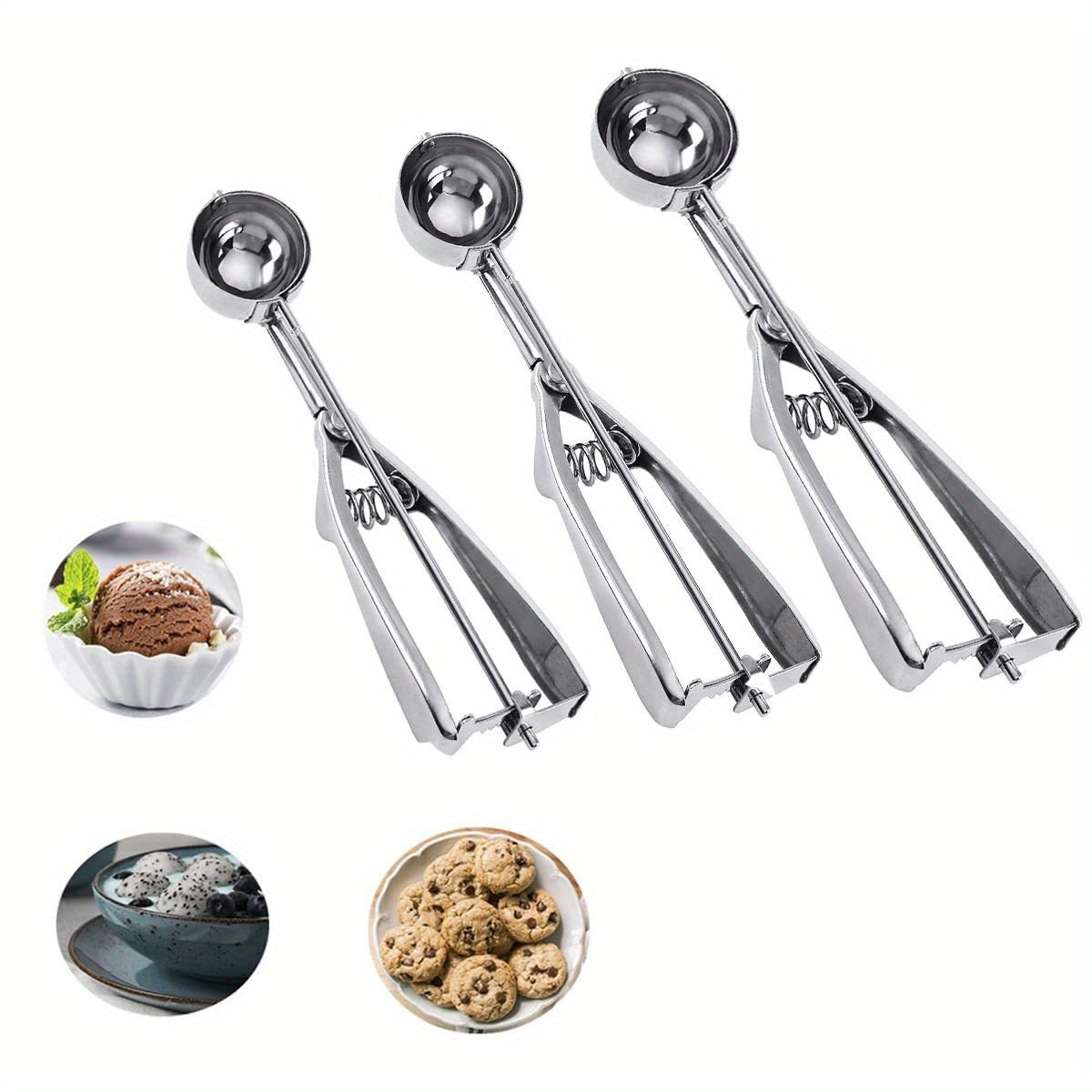 A 3pcs Cookie Scoop Set, Stainless Steel Ice Cream Scooper With Trigger Release, Large/Medium/Small Cookie Scooper For Baking, Cookie Scoops For Baking Set Of 3 With Cookie with intricate details on a white background.