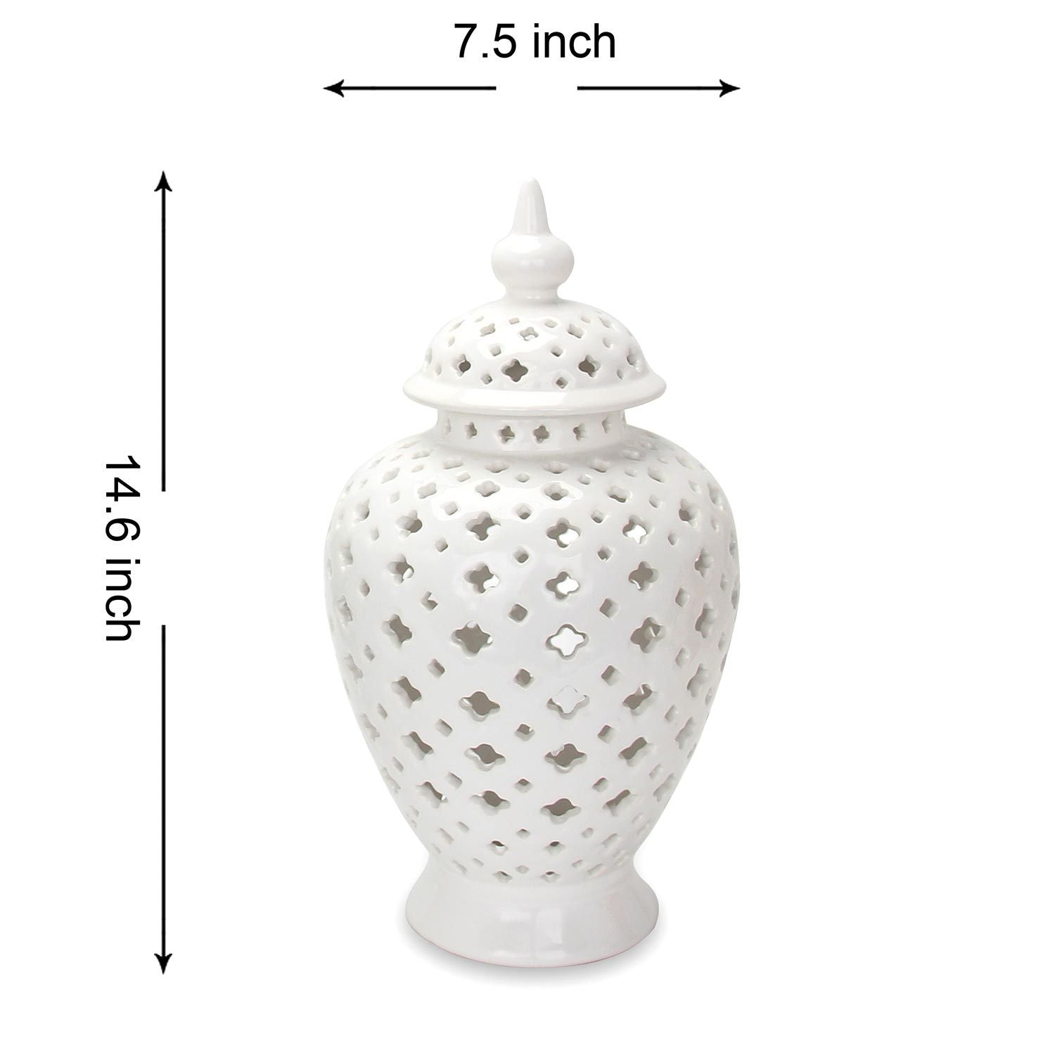 White Ceramic Ginger Jar Vase with Decorative Design and Removable Lid