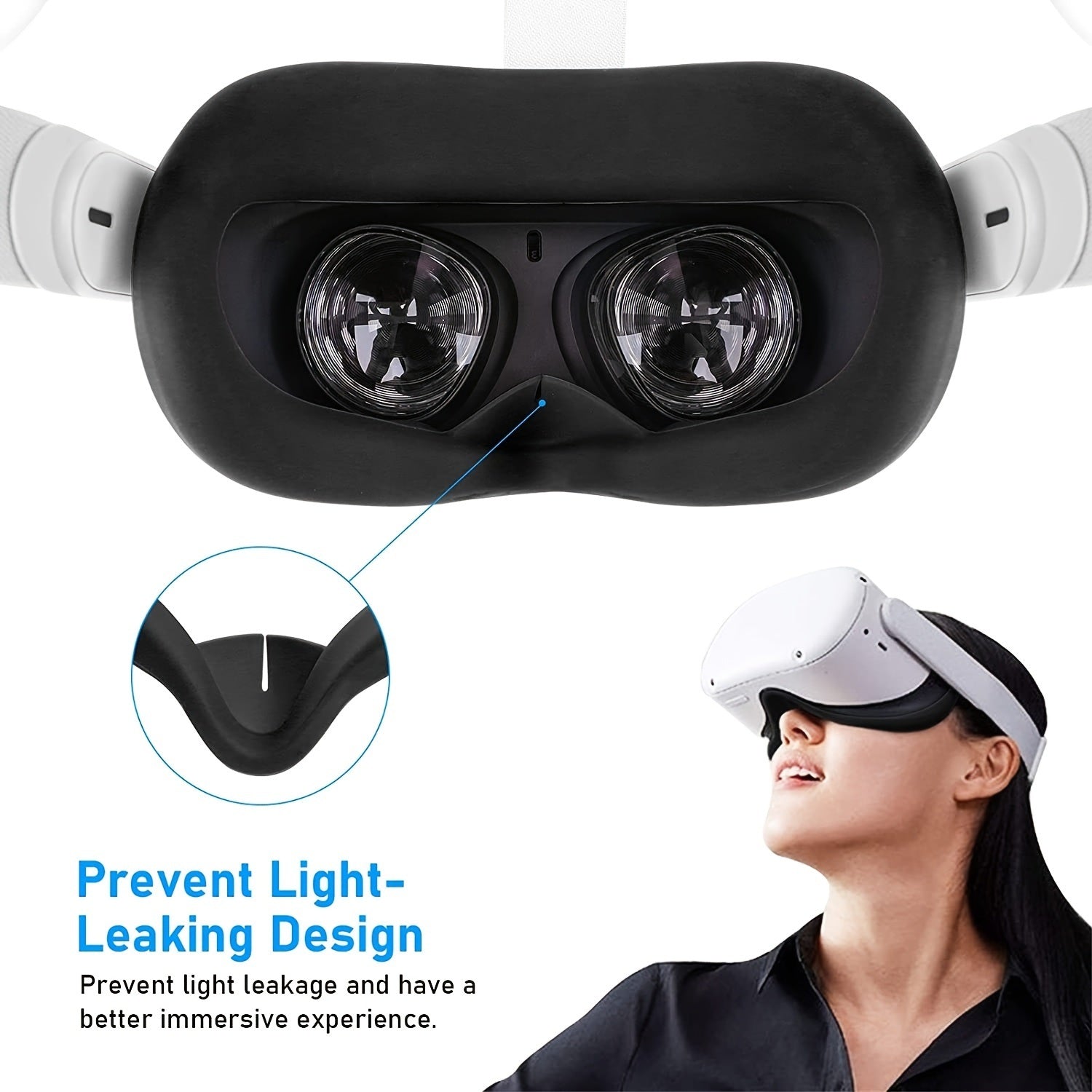 Silicone Face Cover Eye Mask and Lens Cover for Oculus Quest 2 VR Accessories, displayed separately on a white background, showcasing detailed craftsmanship.