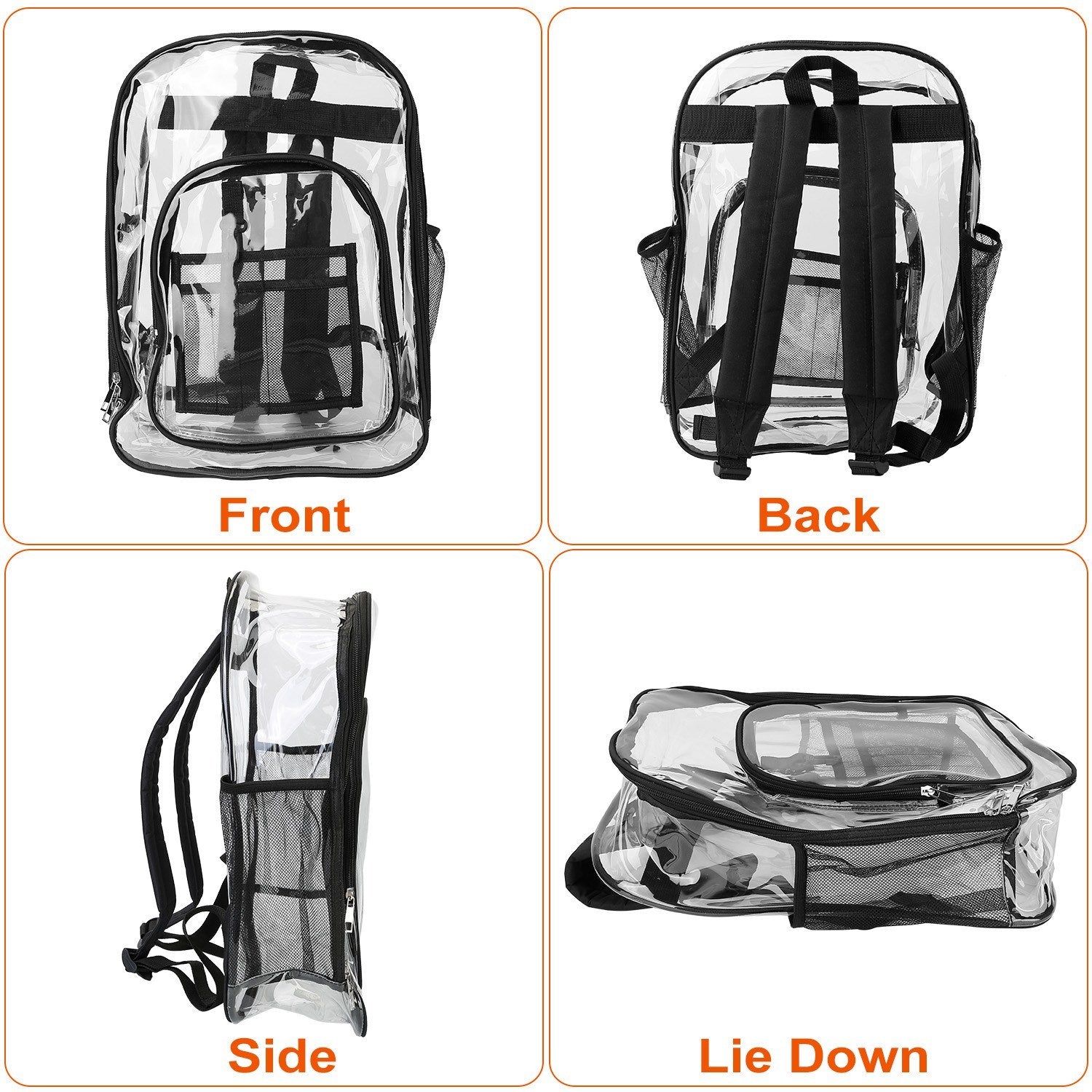 A Clear Backpack Heavy Duty Transparent Book Bag Waterproof PVC Clear Backpack 5.3Gal with Reinforced Strap with adjustable padded straps and spacious compartments, perfect for carrying a lot of items.