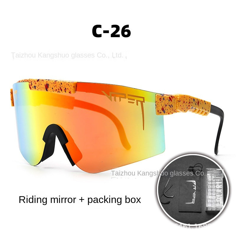 A pair of Pits Viper Riding Glasses Outdoor Sports Sunglasses for men, featuring "VIPER" branding on the lens and frame, with a red and white pattern on the arms. Designed for outdoor sports, they offer UV400 protection and come labeled "C-21," including a riding mirror and packing box.