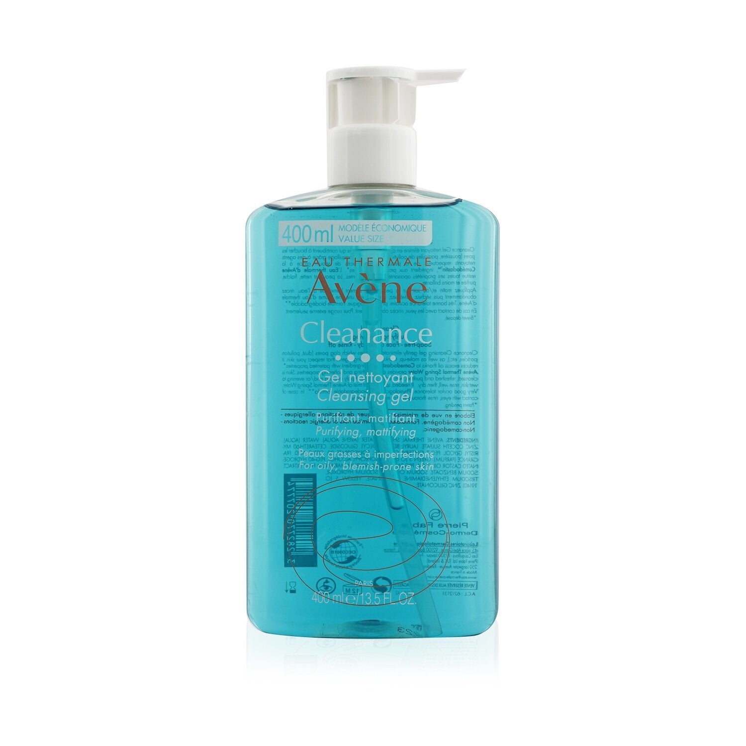 Bottle of AVENE - Cleanance Cleansing Gel - For Oily, Blemish-Prone Skin 10025/20777 400ml/13.5oz on a white background.