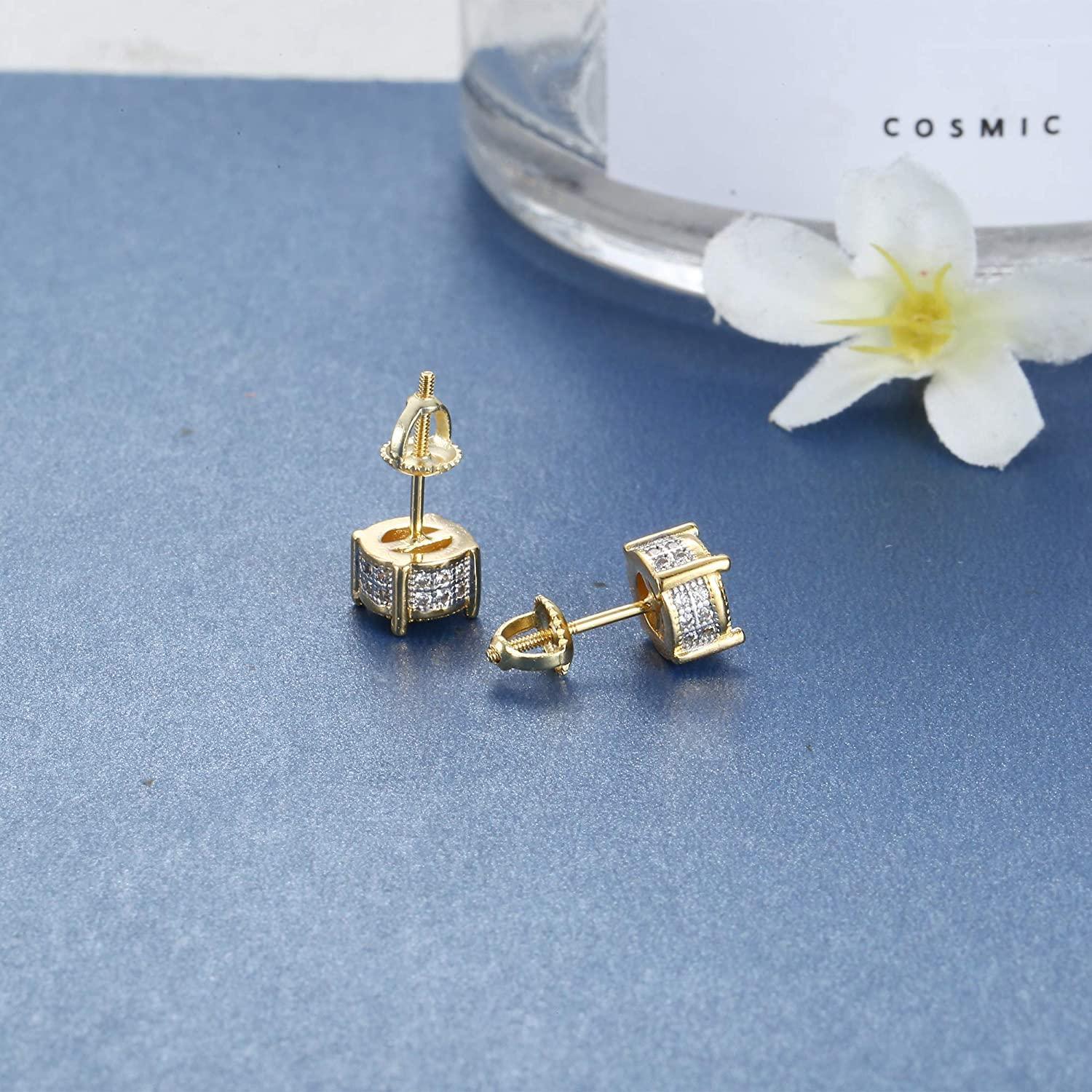 Round Stud Earrings for Men and Women, 14K Gold-Plated and Iced Out with Cubic Zirconia, featuring 925 Sterling Silver Screw-Back clasps. Perfect for Streetwear, Rapper Micropave, or Hip Hop Jewelry.