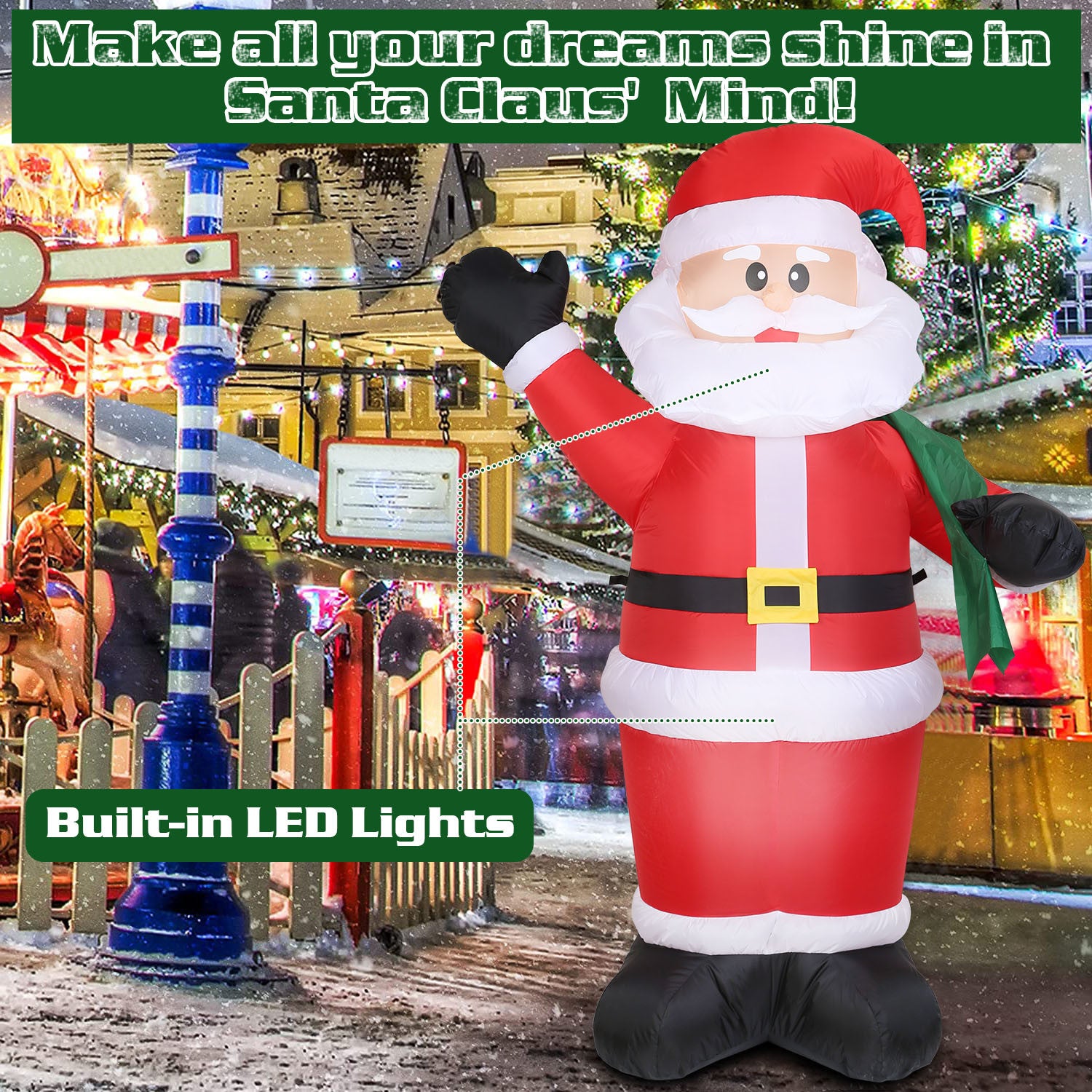 A group of 6.4ft Inflatable Christmas Giant Santa Claus Blow up Santa Claus with built-in blower and LED lights.