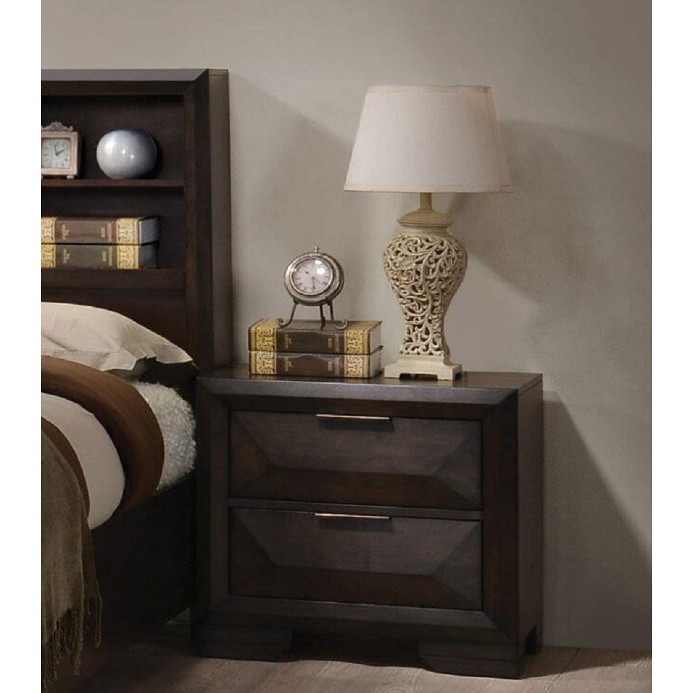 A Merveille Nightstand in Espresso YJ with two drawers and a lamp.