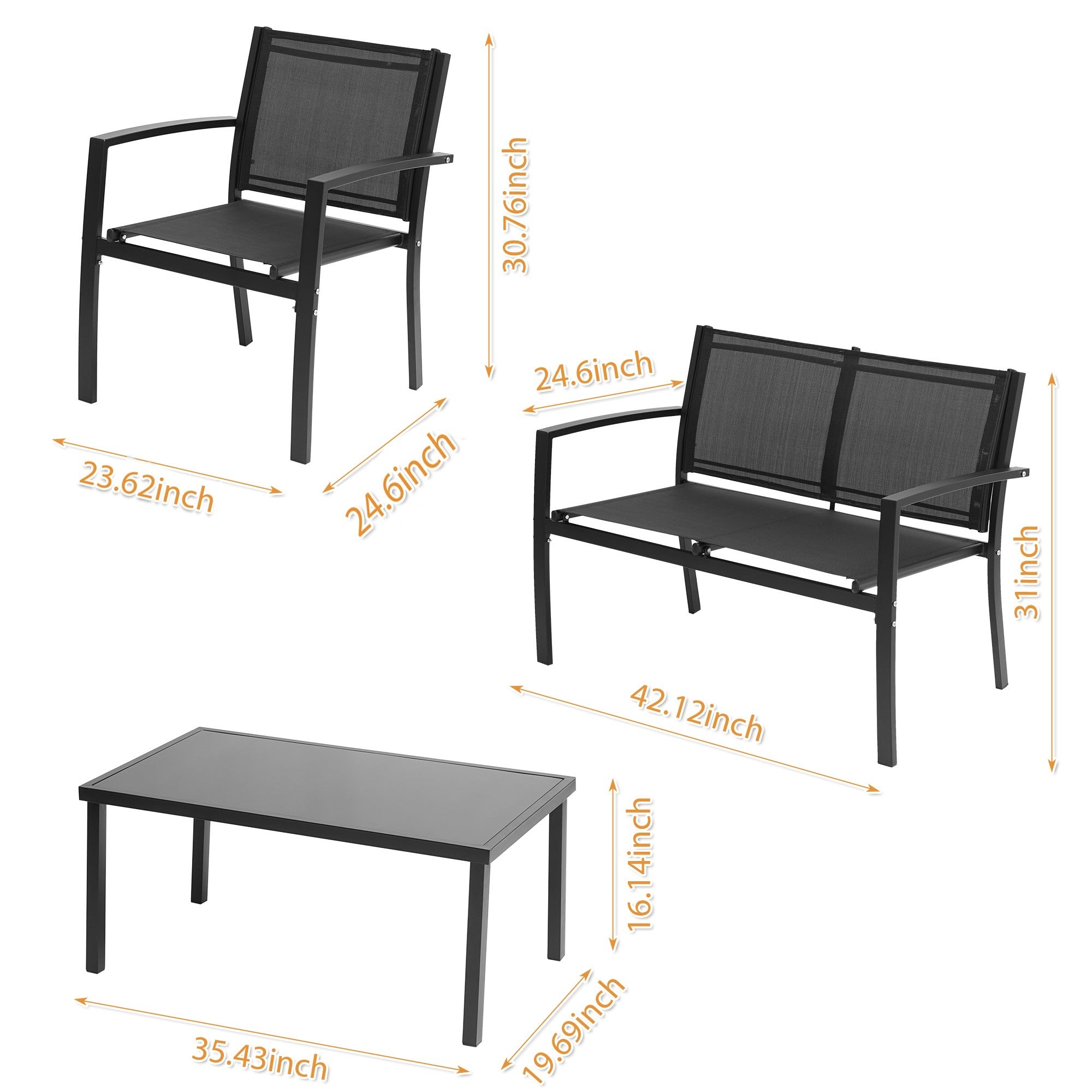 A 4 Pieces Patio Furniture Set Outdoor Garden Patio Conversation Sets Poolside Lawn Chairs with Glass Coffee Table Porch Furniture (Black) with a view of the ocean.