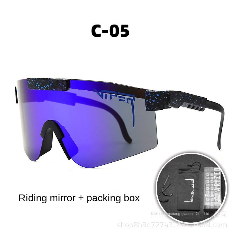 A pair of Pits Viper Riding Glasses Outdoor Sports Sunglasses for men, featuring "VIPER" branding on the lens and frame, with a red and white pattern on the arms. Designed for outdoor sports, they offer UV400 protection and come labeled "C-21," including a riding mirror and packing box.