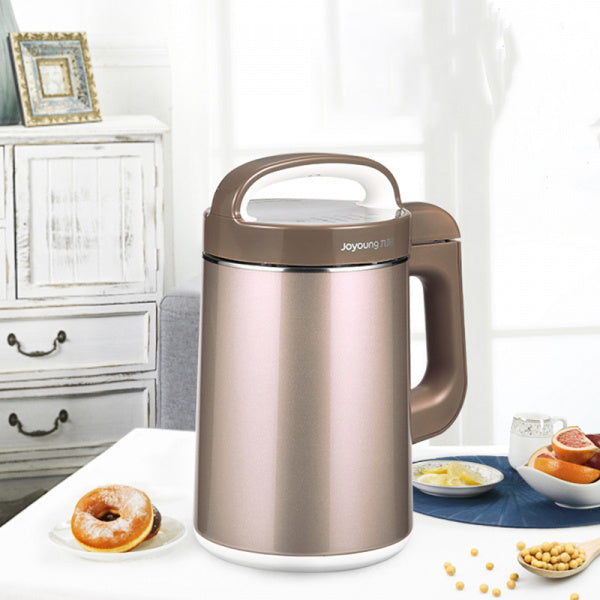 A Joyoung DJ12U-A903SG Fully Automatic Soy Milk Maker (120V 1.2L) with a brown lid and handle, isolated on a white background.