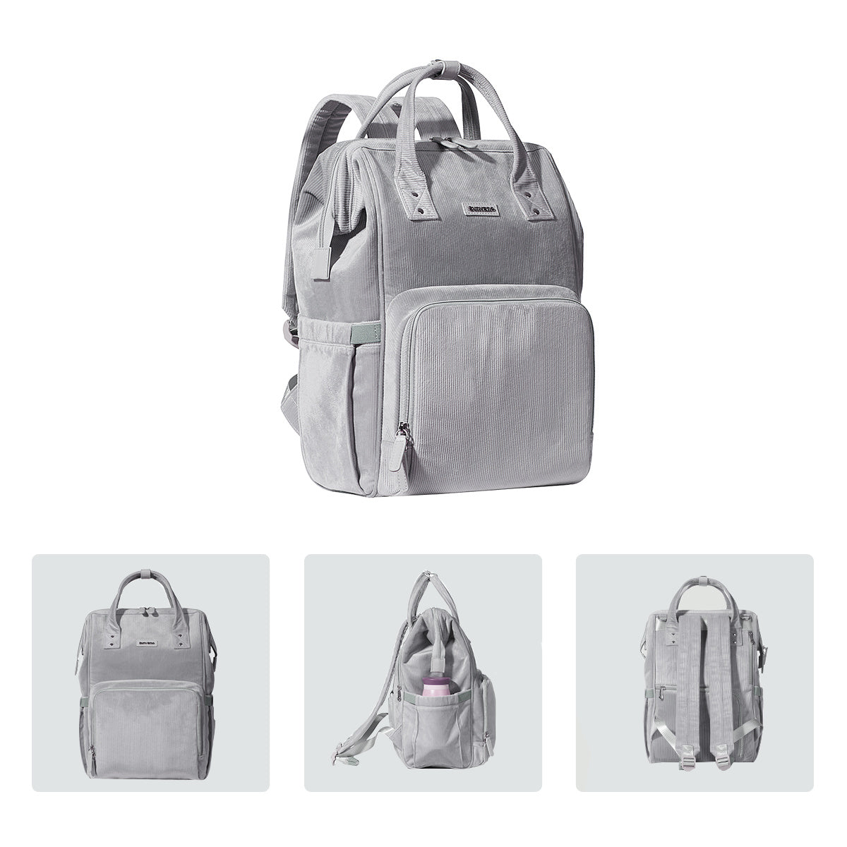 A gray SUNVENO Velvet Stitching Diaper Bag Backpack Large Capacity Tote Shoulder Nappy Bag Organizer for Baby Care with Insulated Pockets, Waterproof Fabric with dual top handles, padded shoulder straps, a front zippered pocket, and side pockets. The bag has a rectangular shape with a textured fabric finish and multi-pockets large capacity, making it perfect as a travel mom bag or diaper backpack.