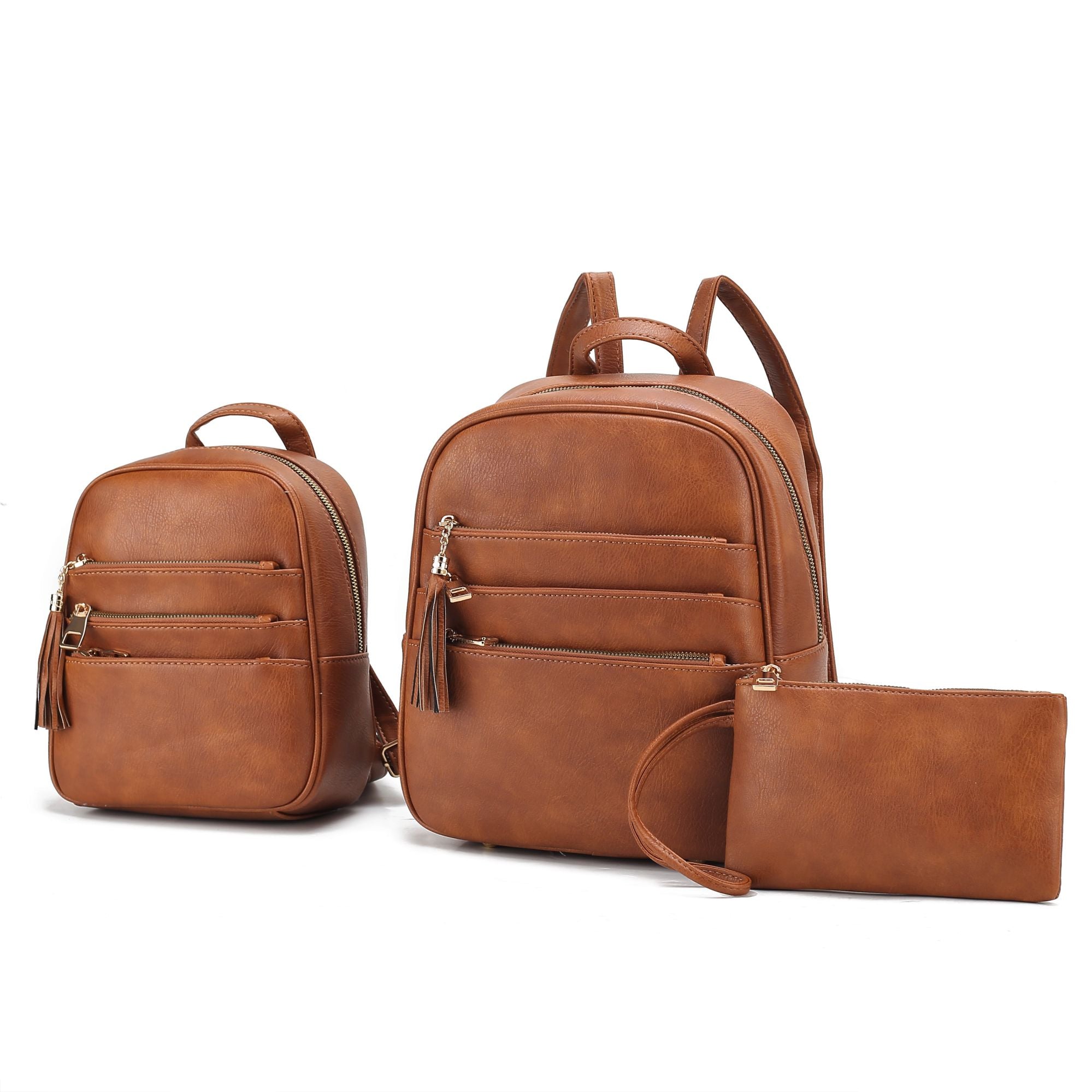 Two MKF Collection Roxane Vegan Leather Women's Backpacks with Mini Backpack and Wristlet Pouch- 3 pieces by Mia k, and a wallet.