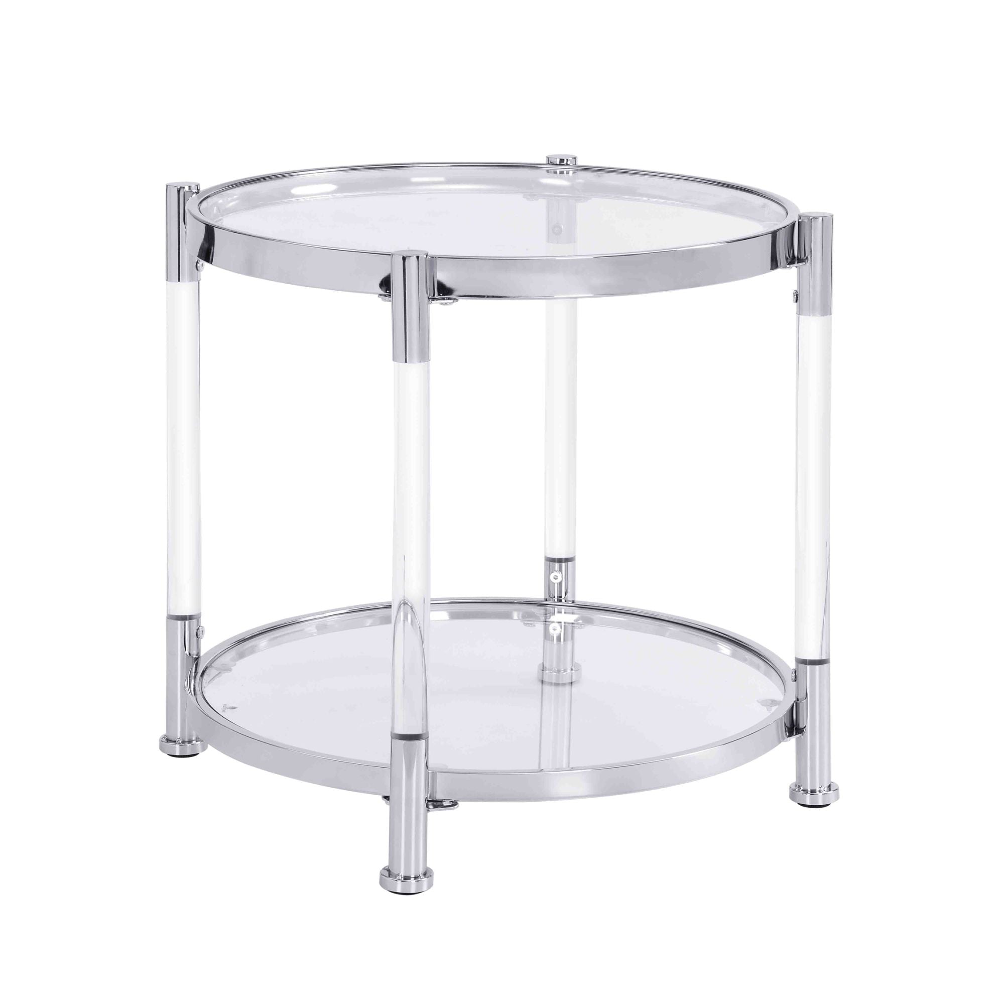 A W82153571 Contemporary Acrylic End Table with chrome legs and a tempered glass top, featuring a lamp on top.