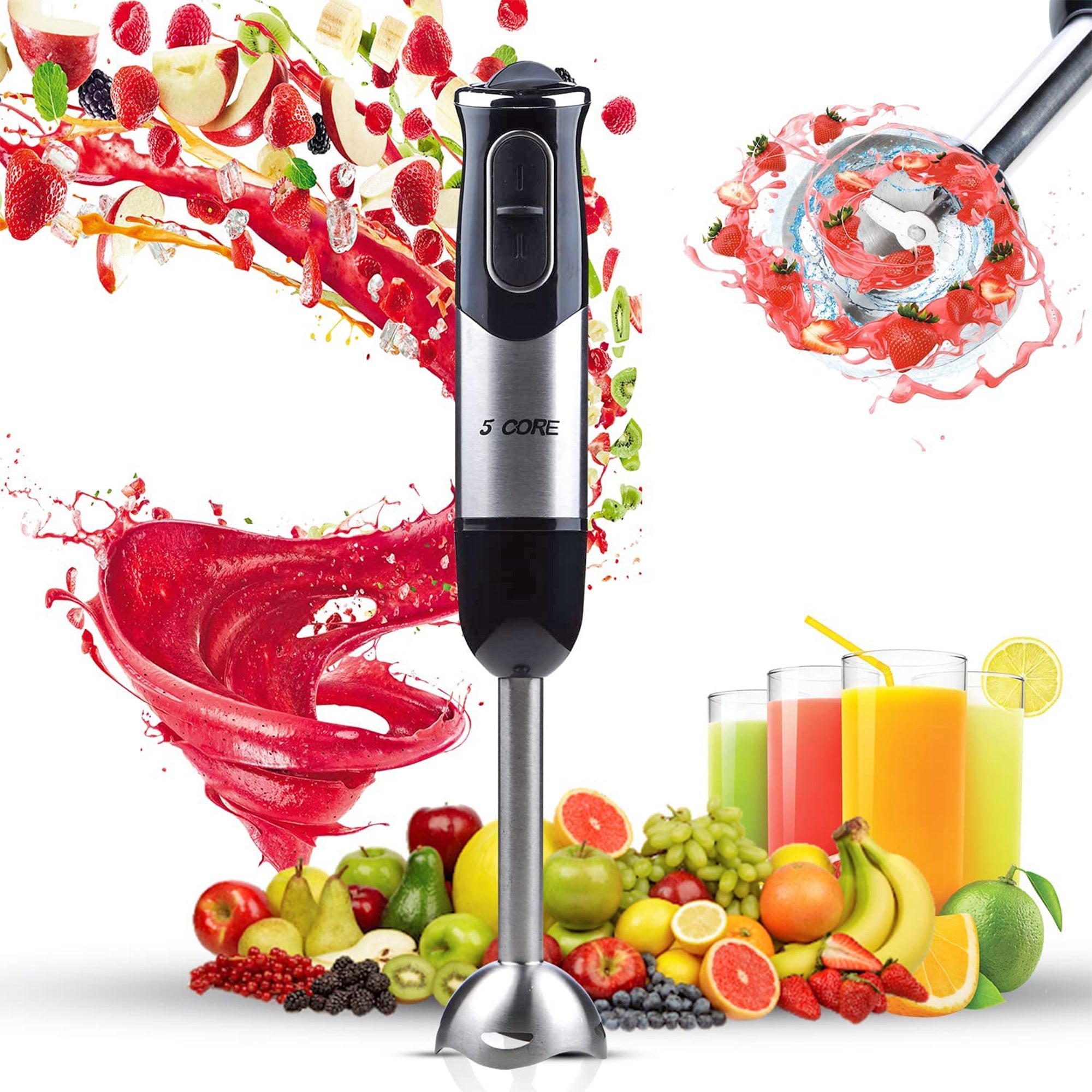 A Hand Held Blender Stick 500 WATT Immersion 2 Speed Turbo Mixer 2 Titanium Blades HB 1510 surrounded by fruits and juices.