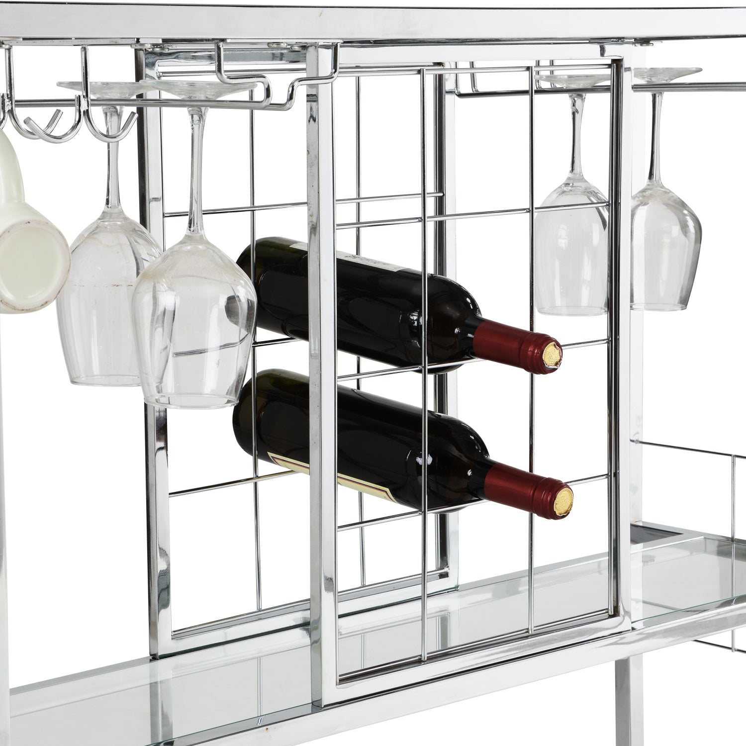 A sleek and contemporary Bar Serving Cart with Glass Holder and Wine Rack, 3-Tier Kitchen Trolley in a living room, featuring tempered glass for added durability and a stylish chrome-finished metal frame for easy access and storage.