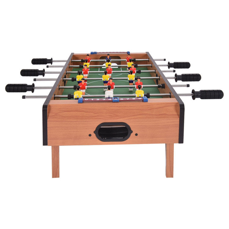 A Family Fun Games Indoor/Outdoor Competition Game Soccer Table with a white background, featuring a MDF frame and steel rods.