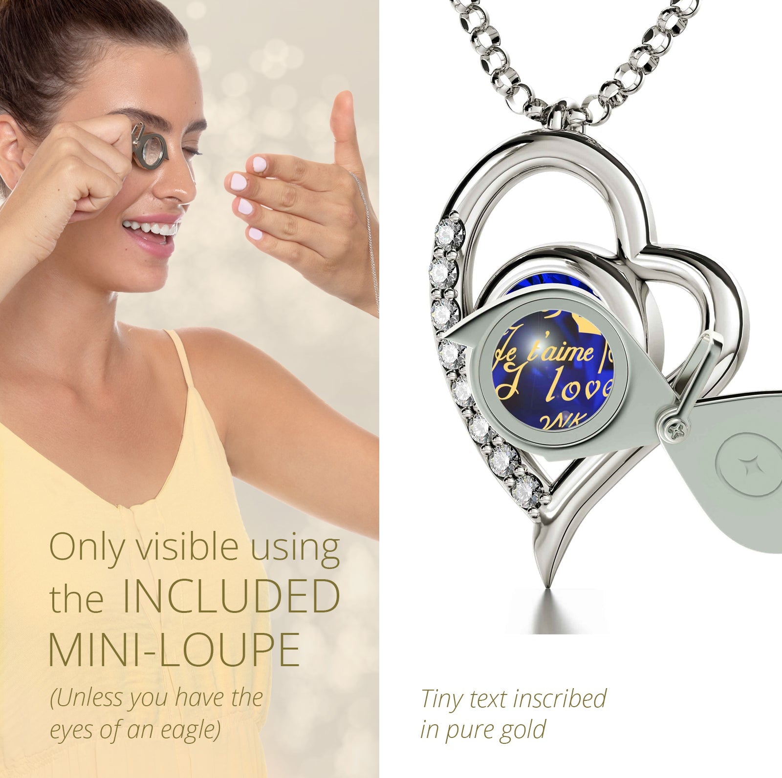 Close-up view of a 925 Sterling Silver I Love You Heart Pendant Necklace featuring a deep blue gemstone engraved with "i love you" in multiple languages, set in a polished silver band—perfect as an anniversary gift for her.