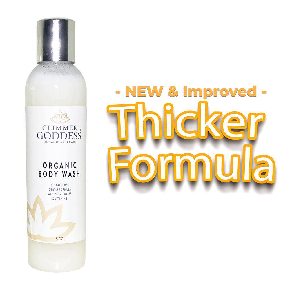 Bottle of Organic Moisturizing Body Wash labeled "New & Improved Thicker Formula" with emphasis on natural ingredients and essential oils.