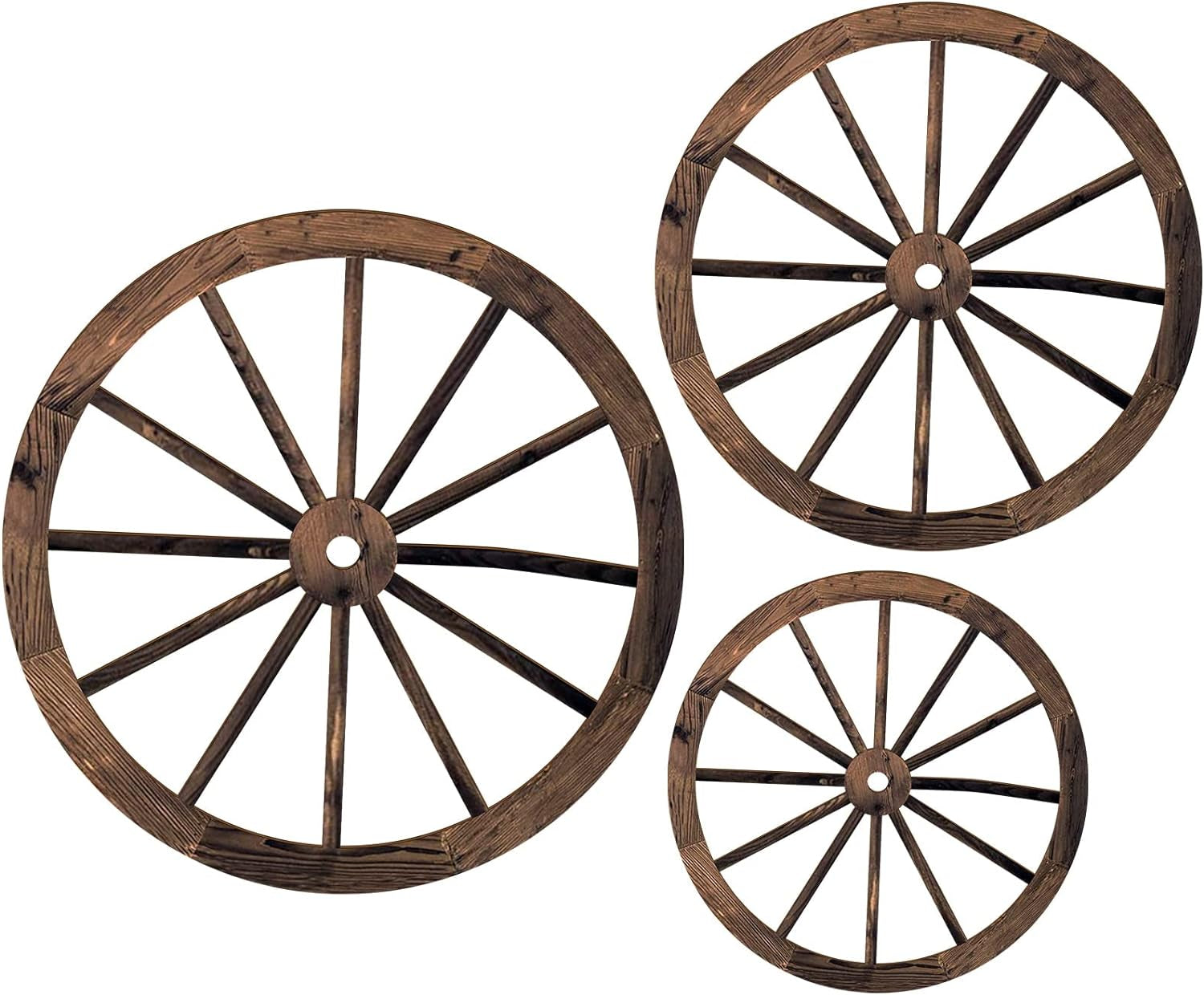 3 Pcs Wooden Wagon Wheel Decor 12/10/8 Inch Old Western Western Wall Decor Farmhouse Wagon Wheels Rustic Yard Wall Art Decor Hanging Decorative Wheels for Garden Home Bar Garage (Dark Brown)