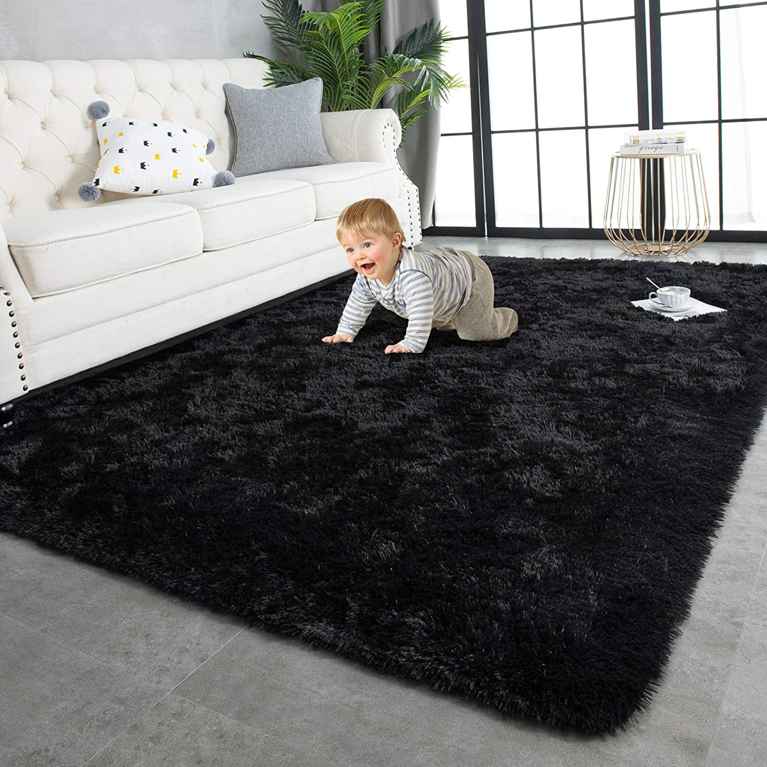 Super Soft Shaggy Rugs Fluffy Carpets, 4X5.9 Feet, Indoor Modern Plush Area Rugs for Living Room Bedroom Kids Room Nursery Home Decor, Upgrade Anti-Skid Durable Rectangular Fuzzy Rug, Black