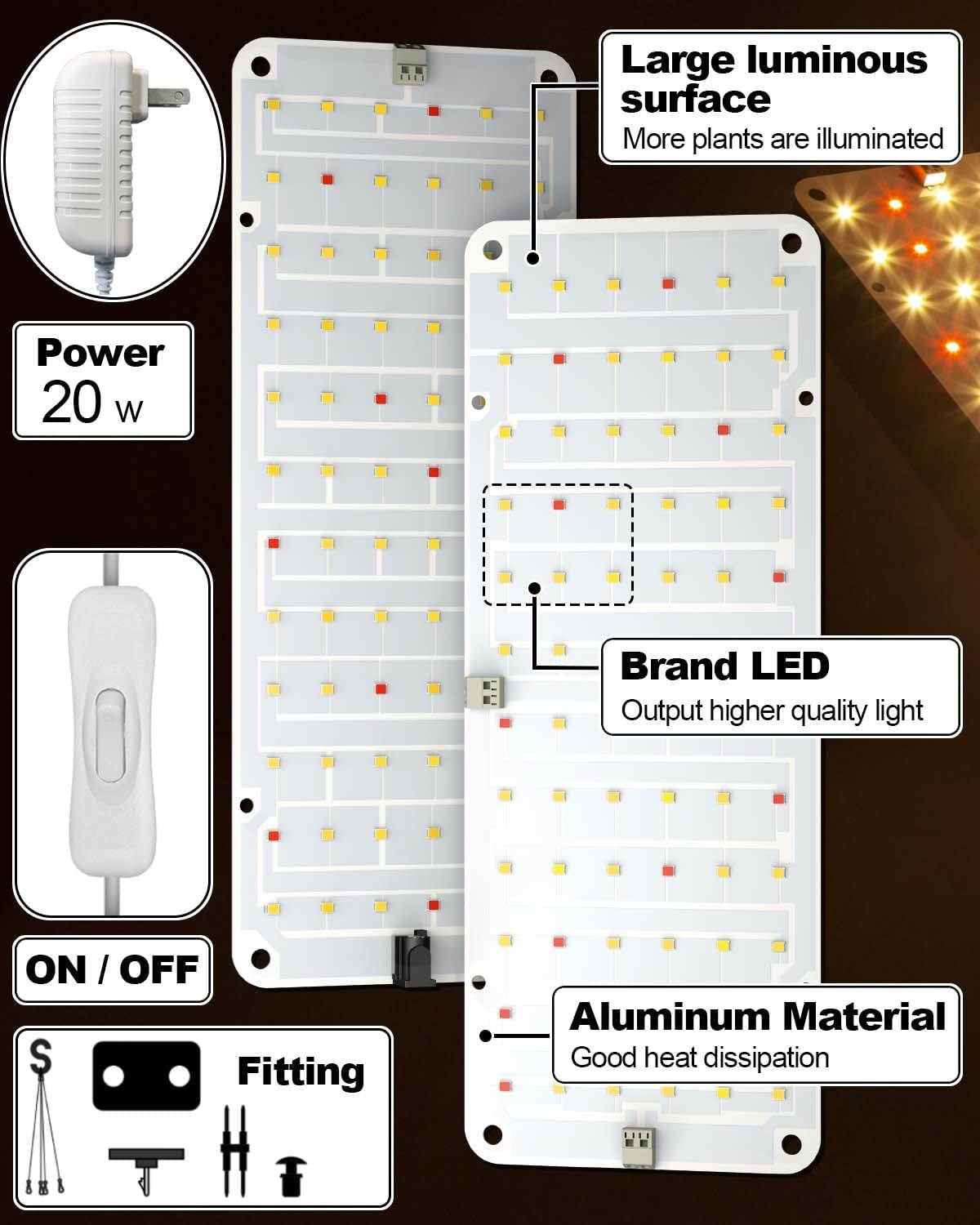 Grow Light, 2Pcs Ultra-Thin Plant Light for Indoor Plants, 20W Full Spectrum LED Plant Grow Light with On/Off Switch, DIY Hanging Plant Growing Lamps for Seed Starting, Succulents, Veg, Herbs